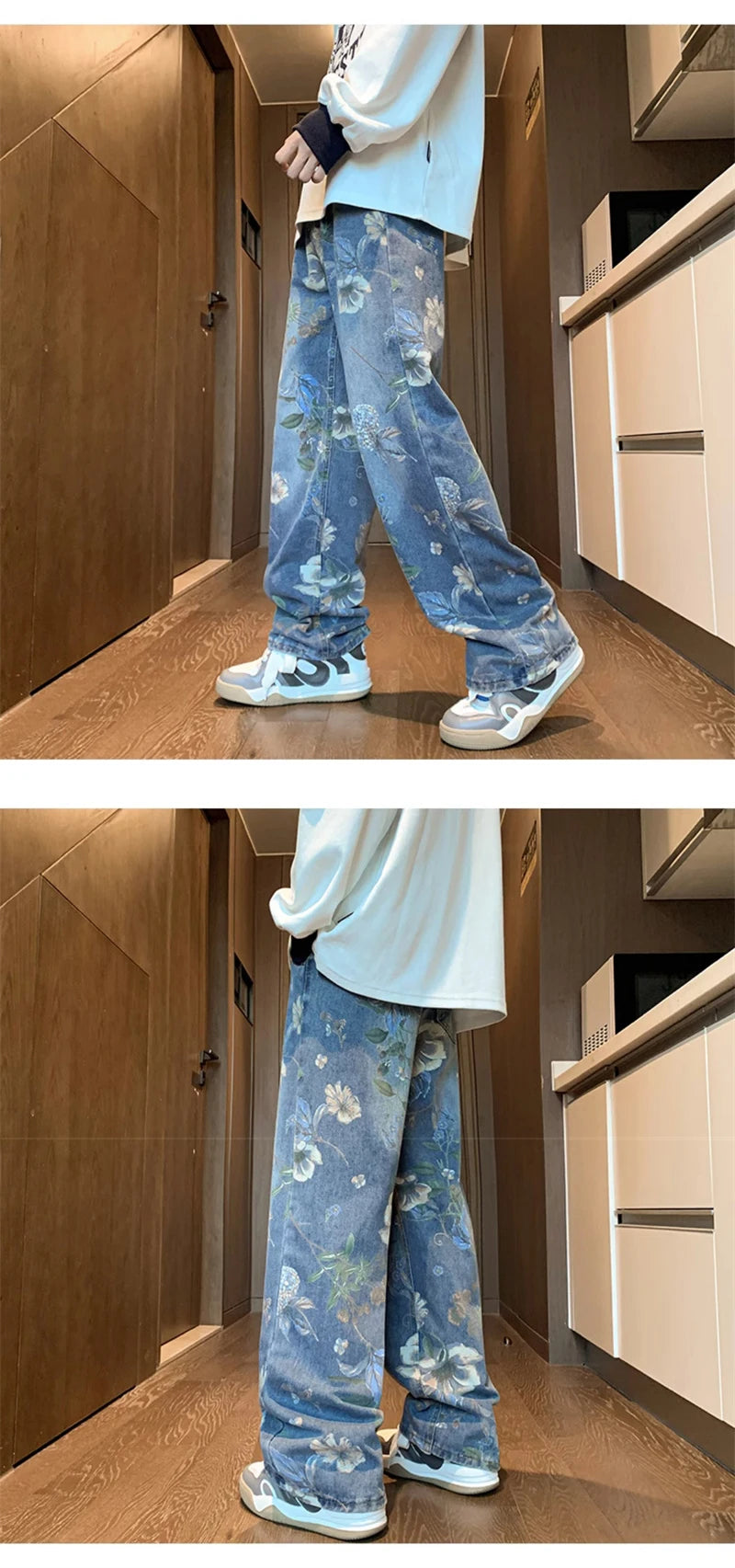 American High Street Floral Printed Jeans For Men 2026 New Y2K Vintage Denim Trousers Hip Hop Fashion Wide-leg Baggy Jean Pants