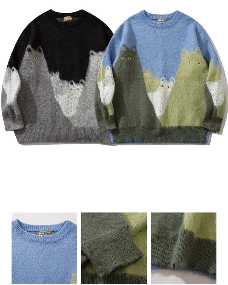 Cartoon Cat Graphic Knitted Sweater Men Oversized Hip Hop Streetwear Autumn Winter Pullover Black Loose Casual Jumper