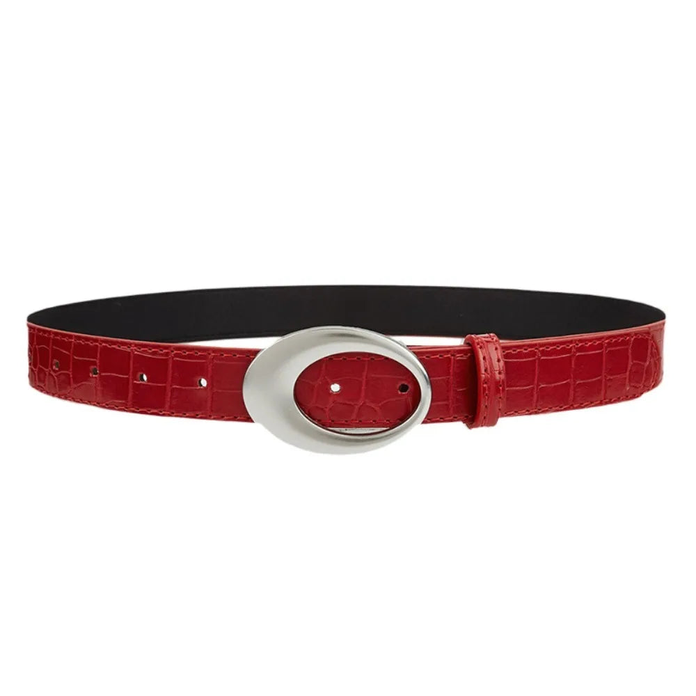 Adjustable Women's Crocodile-patterned Belt Simple Pin Buckle Imitation Leather Waist Belt Red Black Dress Waistband