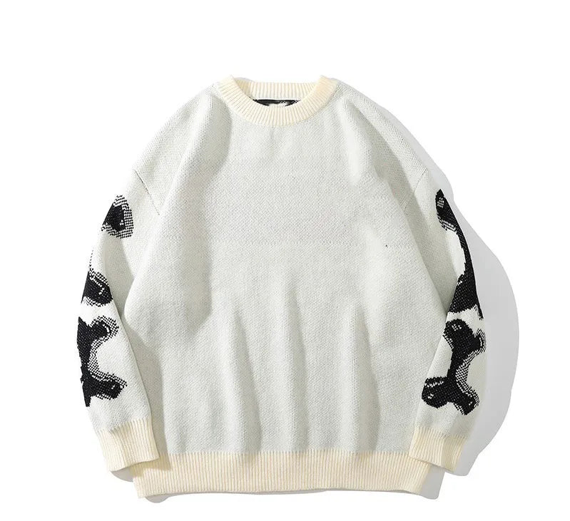 Men Loose Sweaters Black Skeleton Bone Print Pullovers Women Vintage Retro Knitted Sweater Autumn Cotton Pullover Unisex 3XL