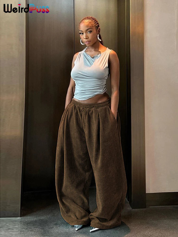 Weird Puss Y2K Casual Wide-Leg Pants Women Autumn Loose Simple Basic Pocket High Waist Trousers Corduroy Streetwear Long Bottoms