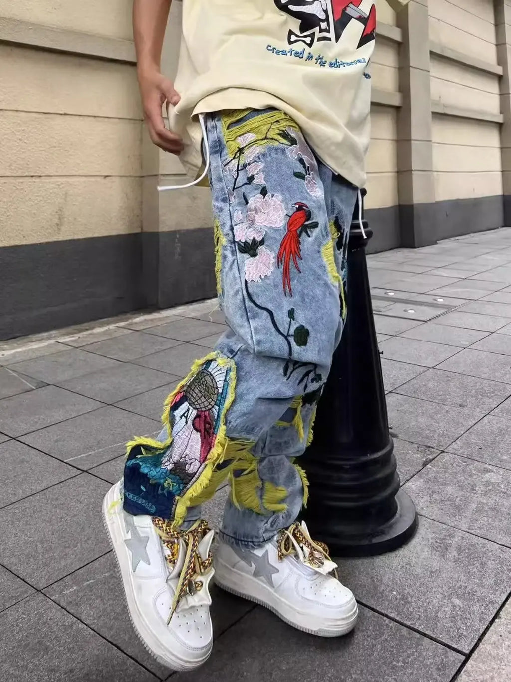 Embroidery heavy industry jeans couple summer trend hip-hop high street American style y2k new brushed loose straight-leg pants