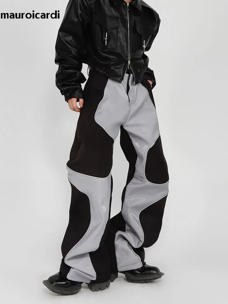 Mauroicardi Spring Autumn Cool Long Loose Casual Soft Patchwork Pu Leather Pants Men Luxury Designer Clothing Trousers 2023