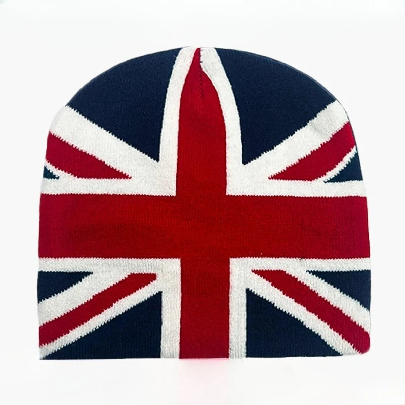 Autumn Winter Street Style UK Union Jack Jacquard Knit Beanie Unisex Warm Cold Weather Hat Fashion Personalized Cuffed Skull Cap