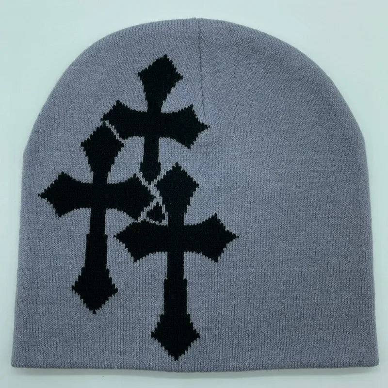 Y2K Crucifix Jacquard Knitted Hat, European and American Popularity Hip Hop Hat, Street Trend Fashion Personality Adult Hat