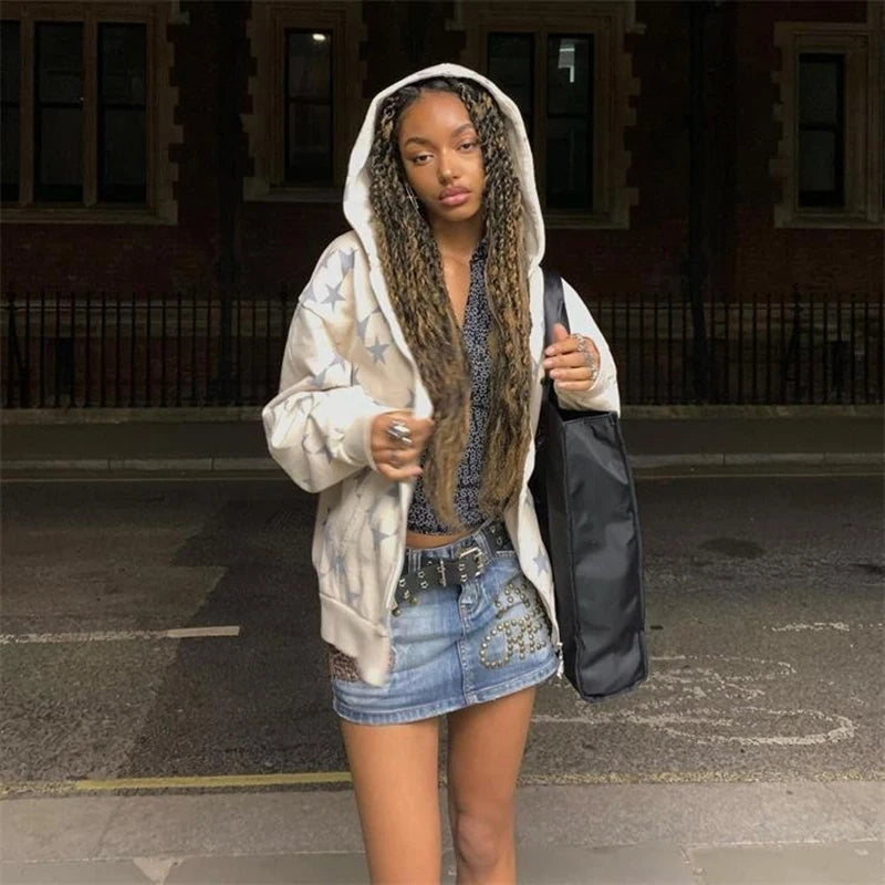 Y2K Hoodies Women Harajuku Star Print Loose Sweatshirt Trousers Hip Hop Punk Long Sleeve Pocket Men Tops Sweatpant Streetwear