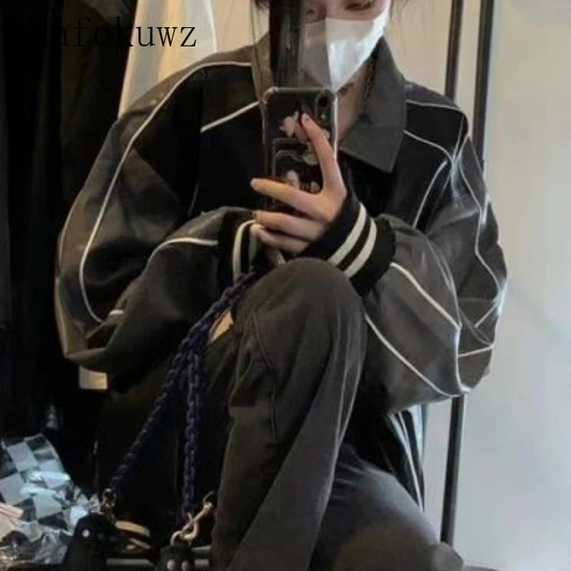 American Embroidery Color Matching Motorcycle PU Leather Jacket Couple Loose Casual High Street Jackets Overcoat Male Clothes