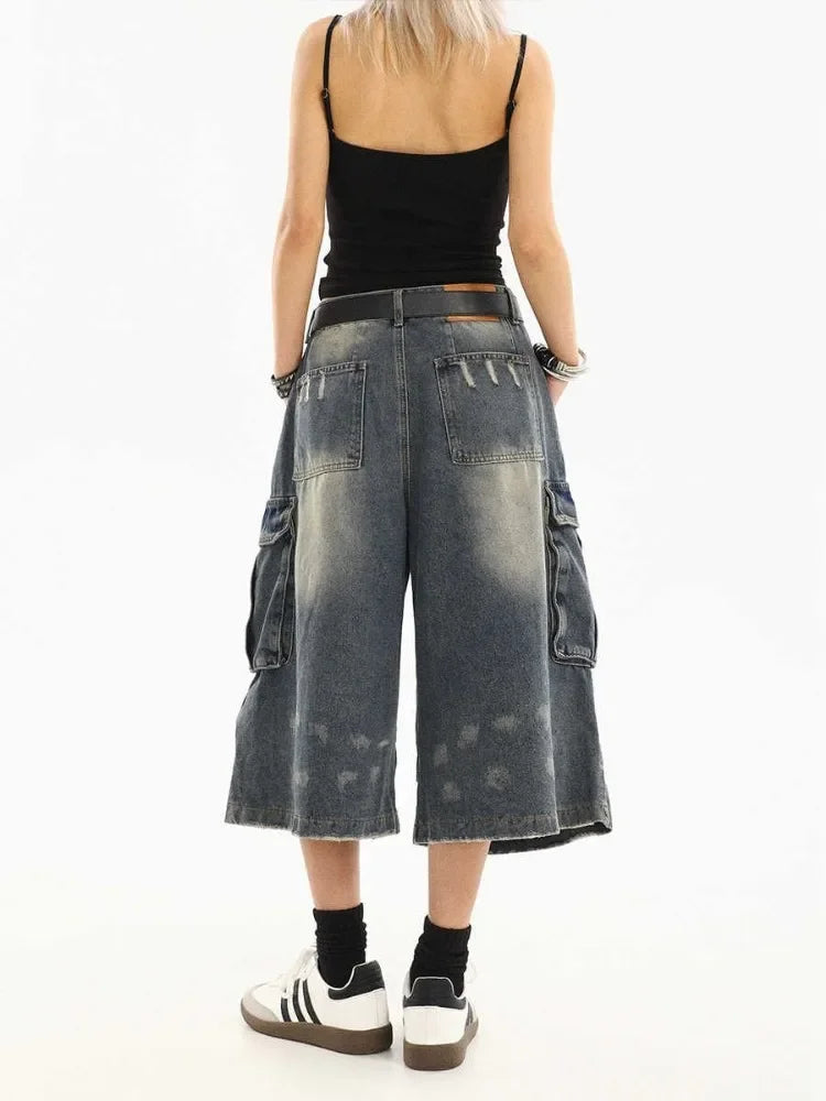 High Waist  Retro Blue Washed Denim Shorts Women's Harajuku Vintage Fashion Casual Loose Y2K Streetwear Wide Leg Cropped Pants