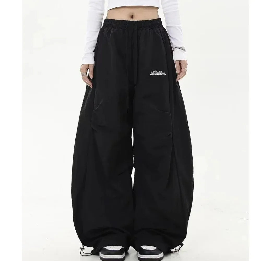 Women Casual Joggers Tech Pants Solid Low Waist Pants Drawstring Wide Leg Baggy Trousers Y2k Streetwear Oversize Sweatpants