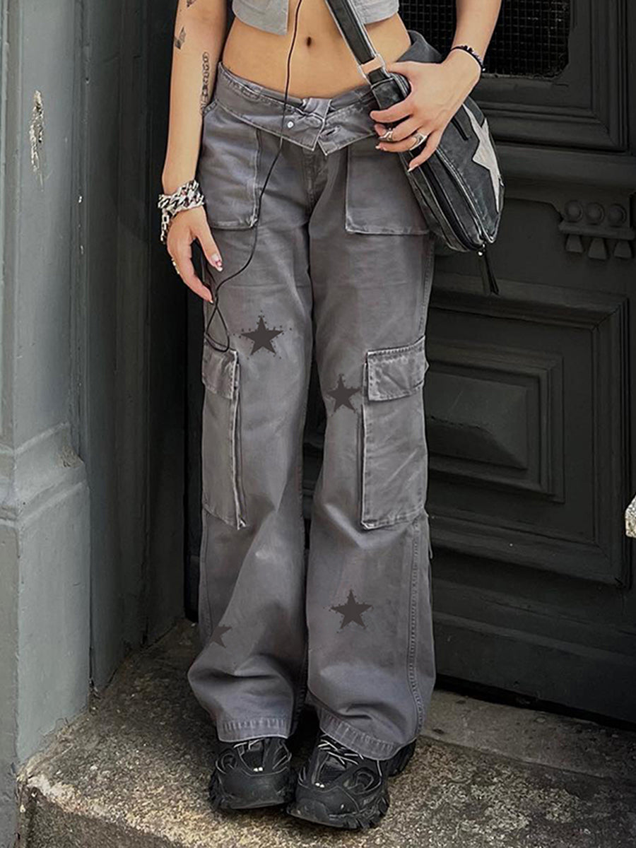 Combhasaki Women's Y2K Grunge Vintage Button Low Waist Cargo Straight Denim Pants Star Print Street Long Trousers with Pockets