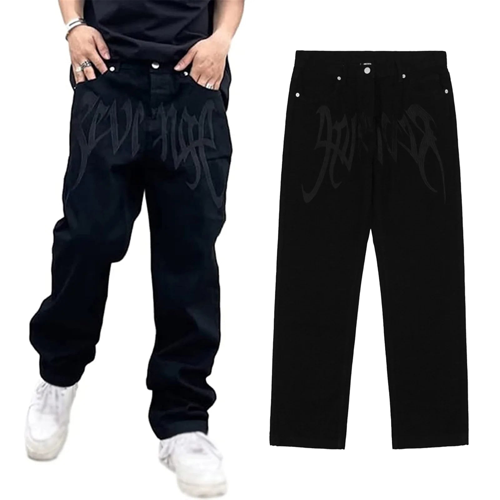 Men Y2K Embroidered High-waisted Straight Baggy Printed Jeans Hip Hop Teenager Boy Streetwear Skateboard Casual denim Trousers