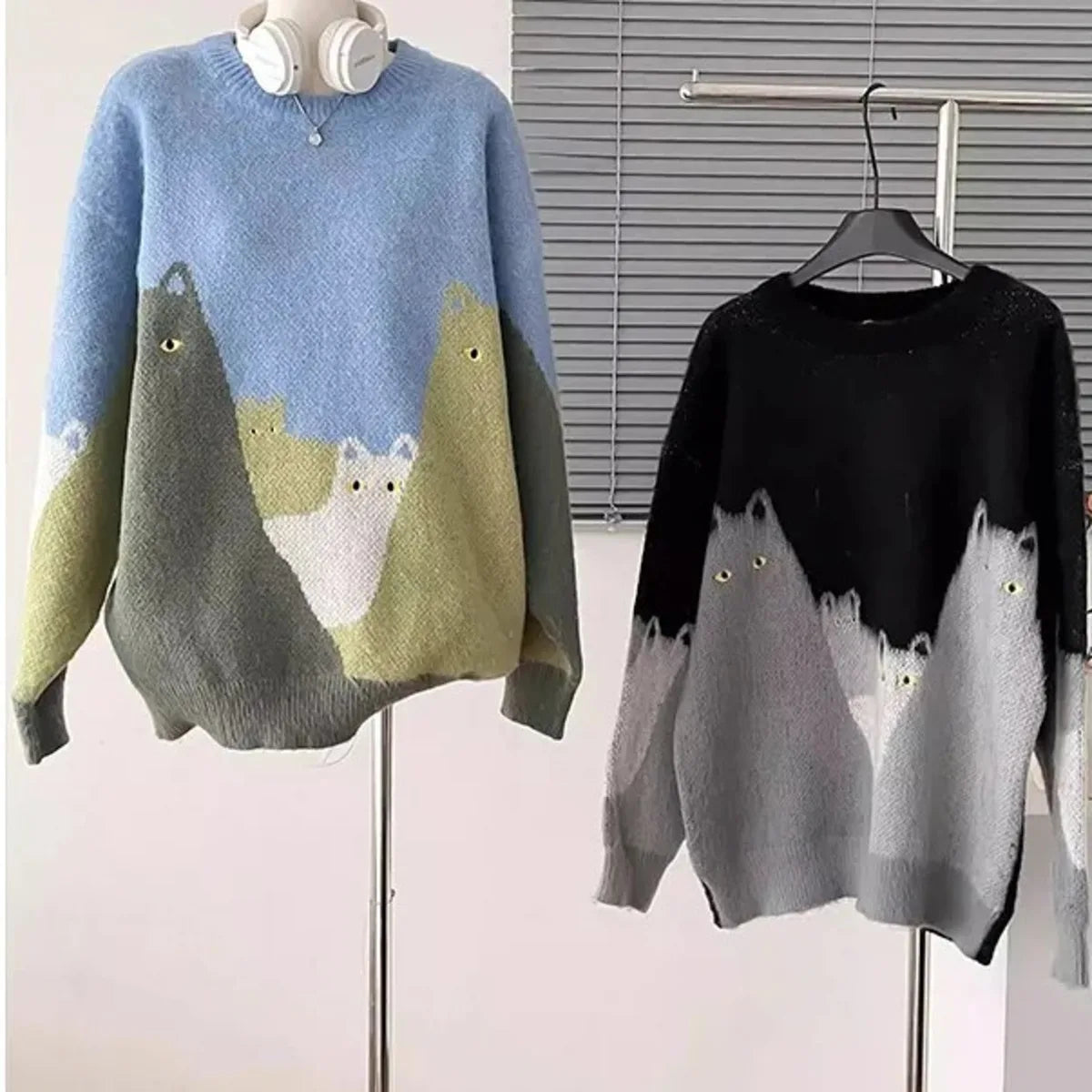 Cartoon Cat Graphic Knitted Sweater Men Oversized Hip Hop Streetwear Autumn Winter Pullover Black Loose Casual Jumper