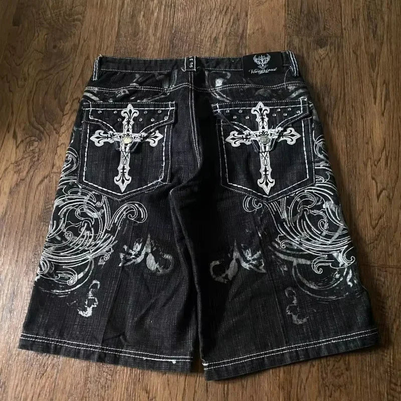 Streetwear Denim Shorts Mens Embroidery American Hip Hop Printed Loose Shorts Gothic Retro Harajuku Fashion Y2K New Shorts
