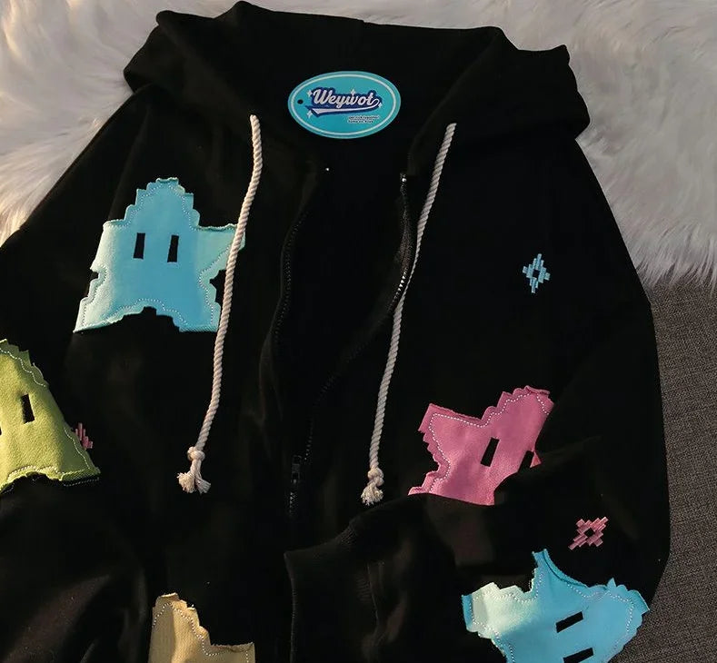 British Gothic Punk Printed Star Patch Embroidery Mens Womens Hooded Cardigan Harajuku Retro American Oversized Bat Sleeve Tops