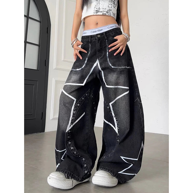 YIBASHU Women's Black Gothic Emo Y2k Gyaru Baggy Jeans Oversize Denim Trousers Vintage Harajuku Grunge Star Wide Leg Jean Pants