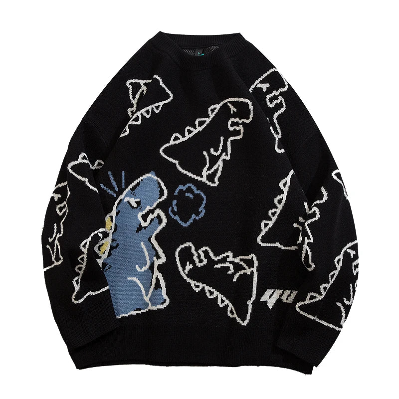 Men Streetwear Cartoon Dinosaur Sweater Hip-hop Loose Fit Round Neck Knitwear All-over Print Pullover Casual Sweater Men Women