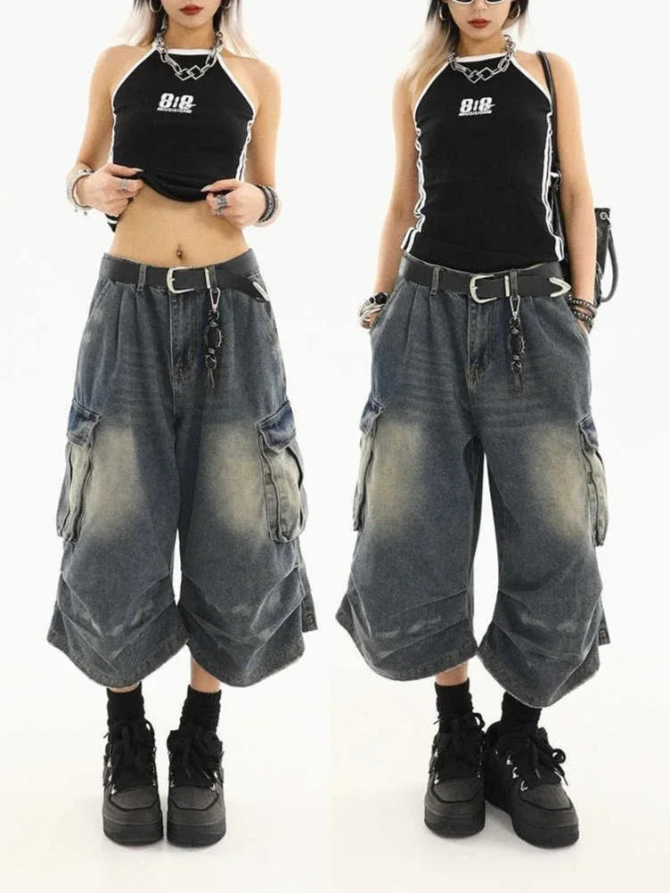 High Waist  Retro Blue Washed Denim Shorts Women's Harajuku Vintage Fashion Casual Loose Y2K Streetwear Wide Leg Cropped Pants
