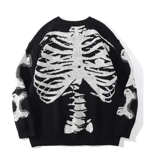 Men Loose Sweaters Black Skeleton Bone Print Pullovers Women Vintage Retro Knitted Sweater Autumn Cotton Pullover Unisex 3XL