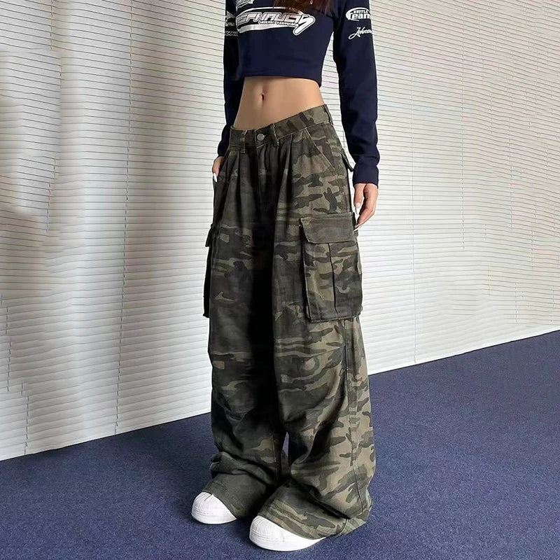 Y2K American Retro Camo Cargo Pants Female High Waist Oversized Pockets Wide Leg Pants Bf Hip Hop Streetwear Straight Trousers