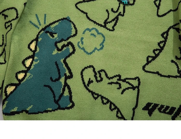 Men Streetwear Cartoon Dinosaur Sweater Hip-hop Loose Fit Round Neck Knitwear All-over Print Pullover Casual Sweater Men Women