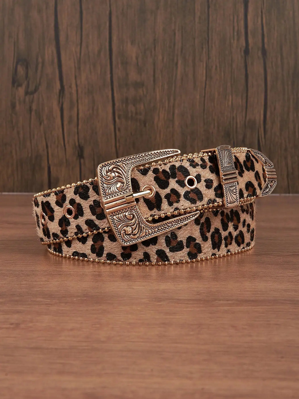 1pc Men Leopard Vintage Engraved Metal Buckle Pearl Edged Jeans Belt, Versatile For Casual Wear Halloween