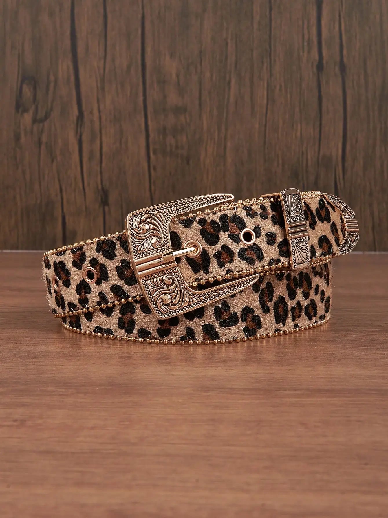 1pc Men Leopard Vintage Engraved Metal Buckle Pearl Edged Jeans Belt, Versatile For Casual Wear Halloween
