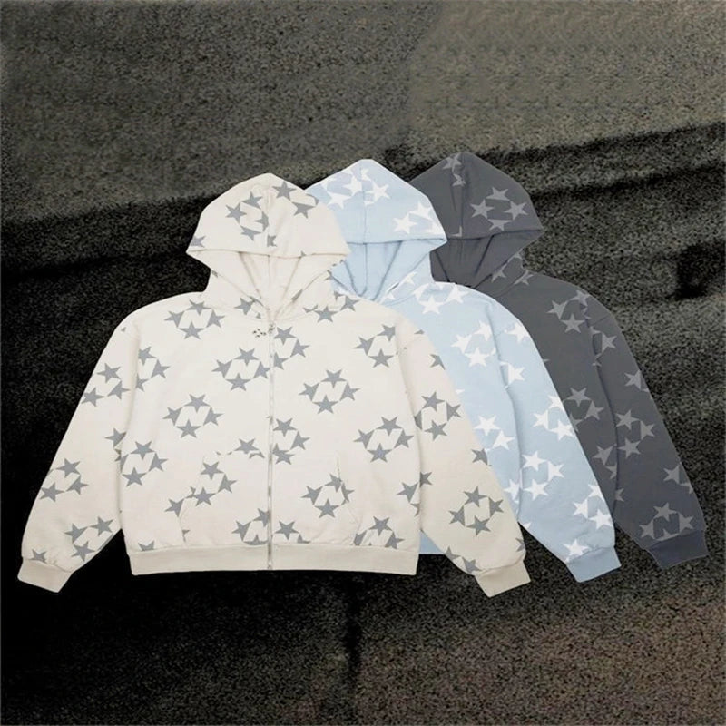 Y2K Hoodies Women Harajuku Star Print Loose Sweatshirt Trousers Hip Hop Punk Long Sleeve Pocket Men Tops Sweatpant Streetwear