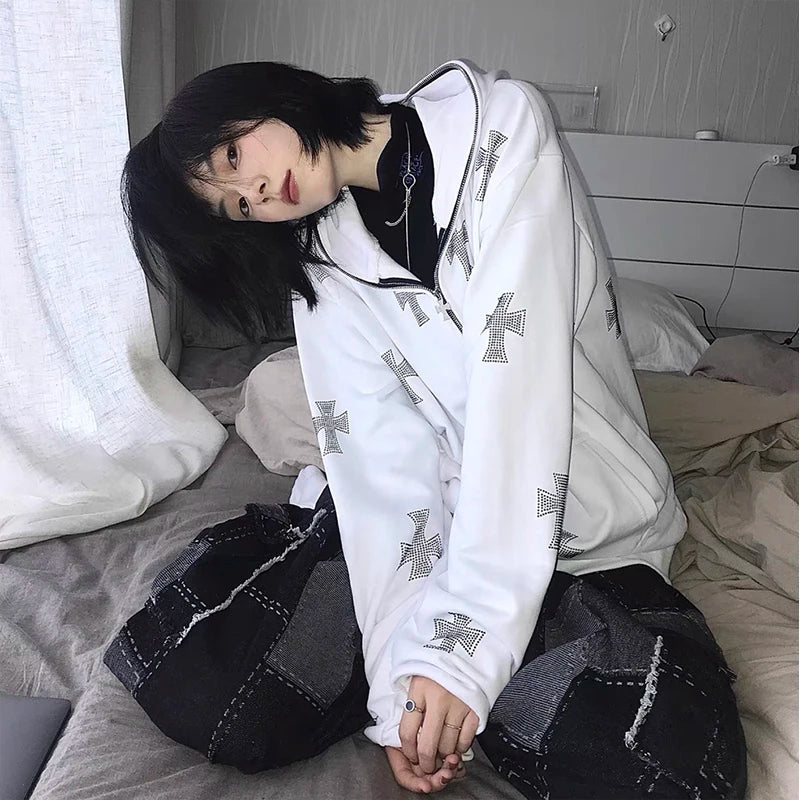 Rhinestone Full Zip Hoodie Goth Sweatshirt Pull Long Sleeve Black Hoodies Y2k Fashion Men's Women's Sport Jackets Coats New 2023