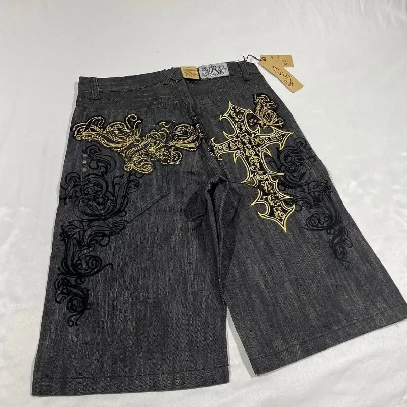 Streetwear Denim Shorts Mens Embroidery American Hip Hop Printed Loose Shorts Gothic Retro Harajuku Fashion Y2K New Shorts