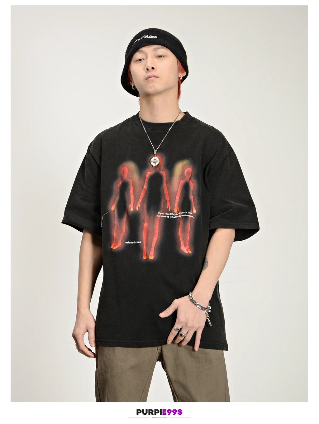 Vintage Oversized Men's Clothing Streetwear Abstract Shadow Graphic Print Distressed Black Tshirt Hip Hop Harajuku Y2k Goth Tops