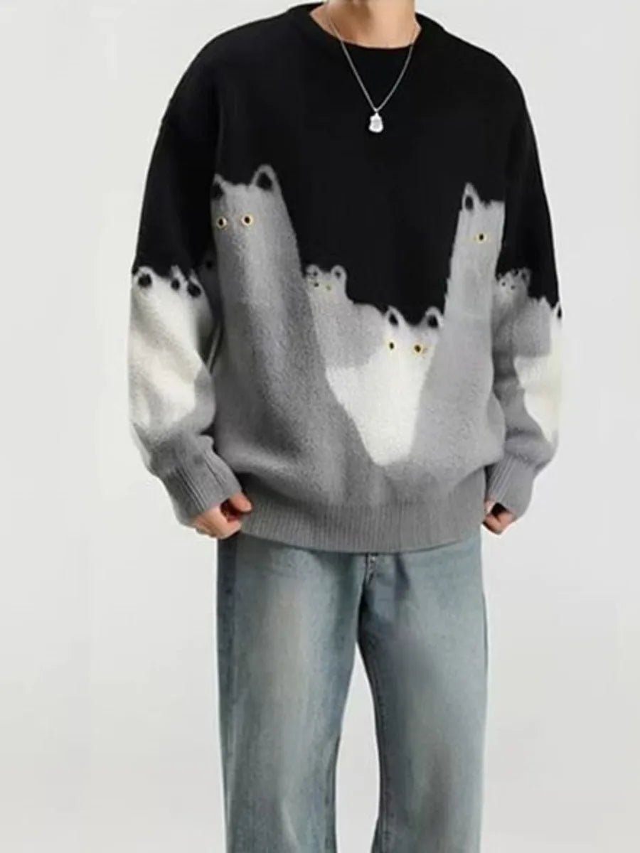 Cartoon Cat Graphic Knitted Sweater Men Oversized Hip Hop Streetwear Autumn Winter Pullover Black Loose Casual Jumper