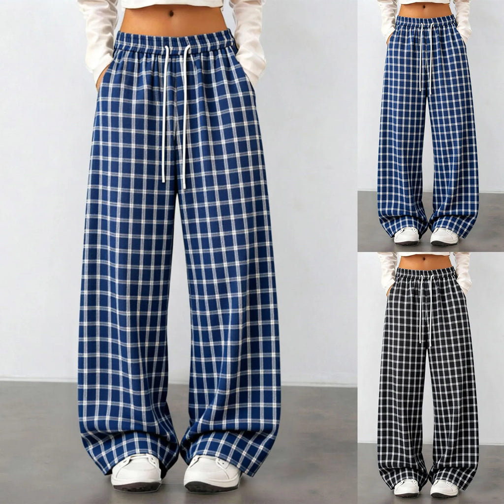 Women Plaid Straight Wide Leg Pants Drawstring Elastic Waist Loose Comfy Fit Casual Trendy Daily All Season Trousers Streetwear