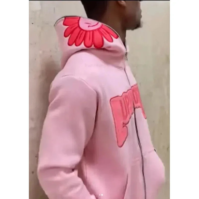 Harajuku Pink Petal Print Sweatshirts Full Zip Hoodie Streetwear Jacket Y2K Clothes New Lounge Wear Tracksuit Men Cloth NM33