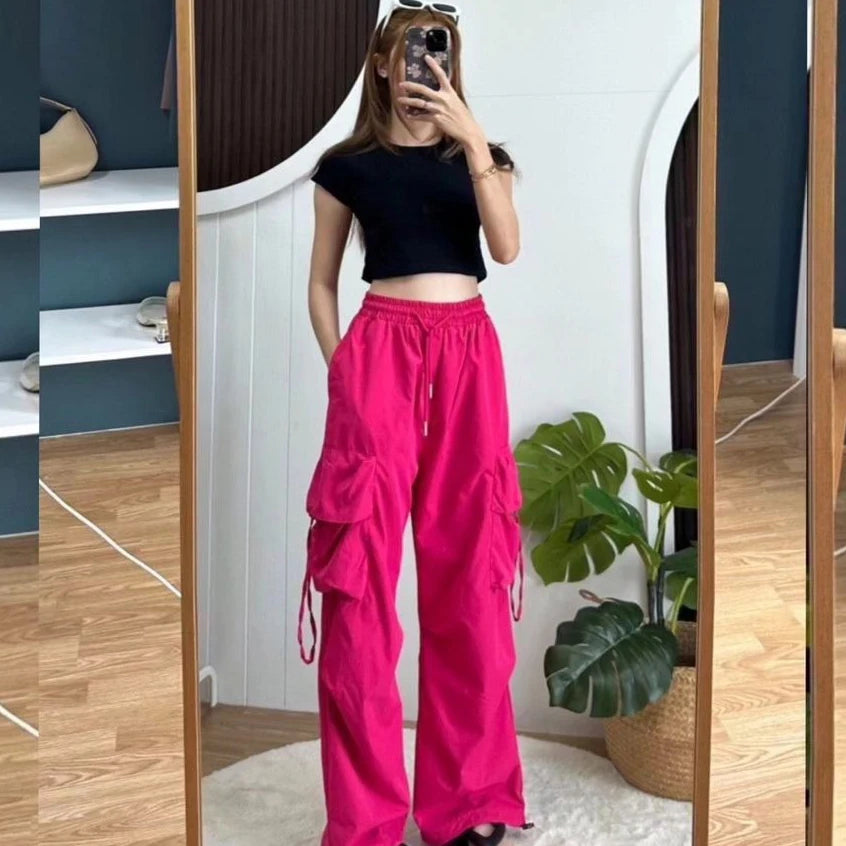 American Women's Overalls Retro Quick Drying Summer High Straight Wide Leg Streamers Loose Casual Floor Length Trousers Trend
