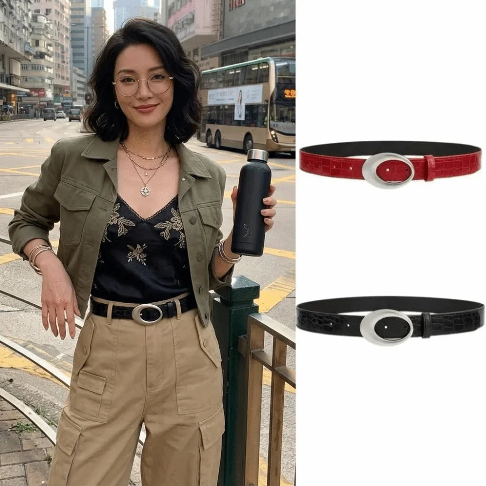 Adjustable Women's Crocodile-patterned Belt Simple Pin Buckle Imitation Leather Waist Belt Red Black Dress Waistband