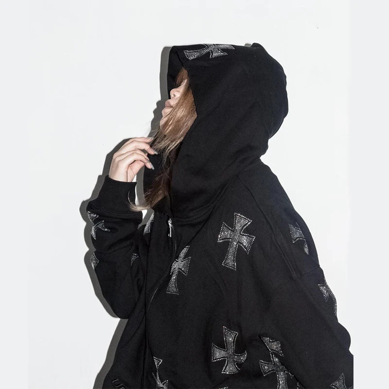 Rhinestone Full Zip Hoodie Goth Sweatshirt Pull Long Sleeve Black Hoodies Y2k Fashion Men's Women's Sport Jackets Coats New 2023