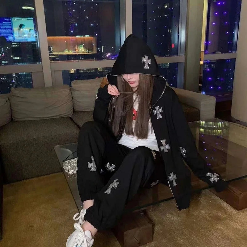 Rhinestone Full Zip Hoodie Goth Sweatshirt Pull Long Sleeve Black Hoodies Y2k Fashion Men's Women's Sport Jackets Coats New 2023