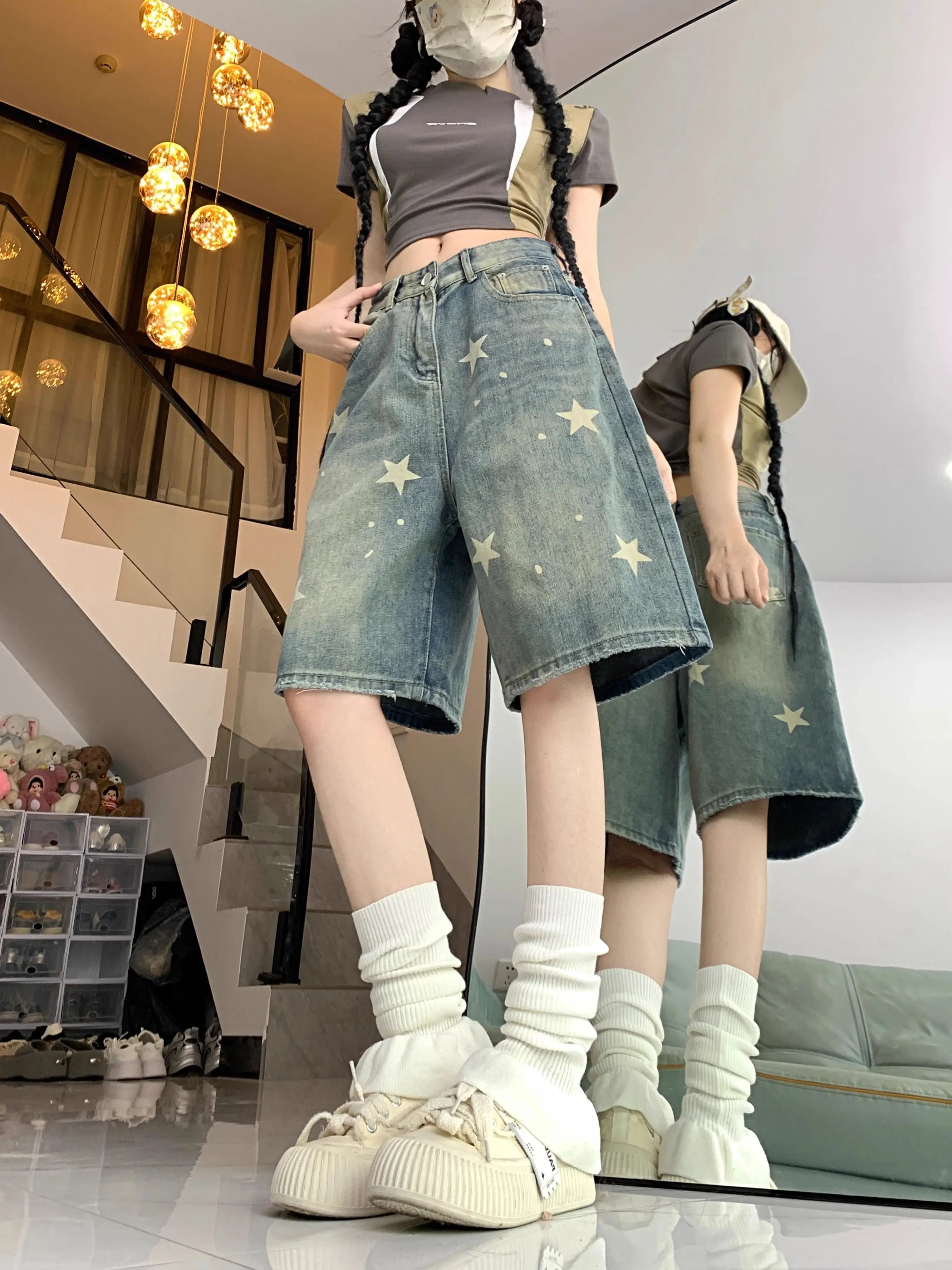 Casual Floral Print Loose Wide Leg Womens Jeans New American Retro Star Design Straight Leg Comfort Stretch Soft Denim Shorts