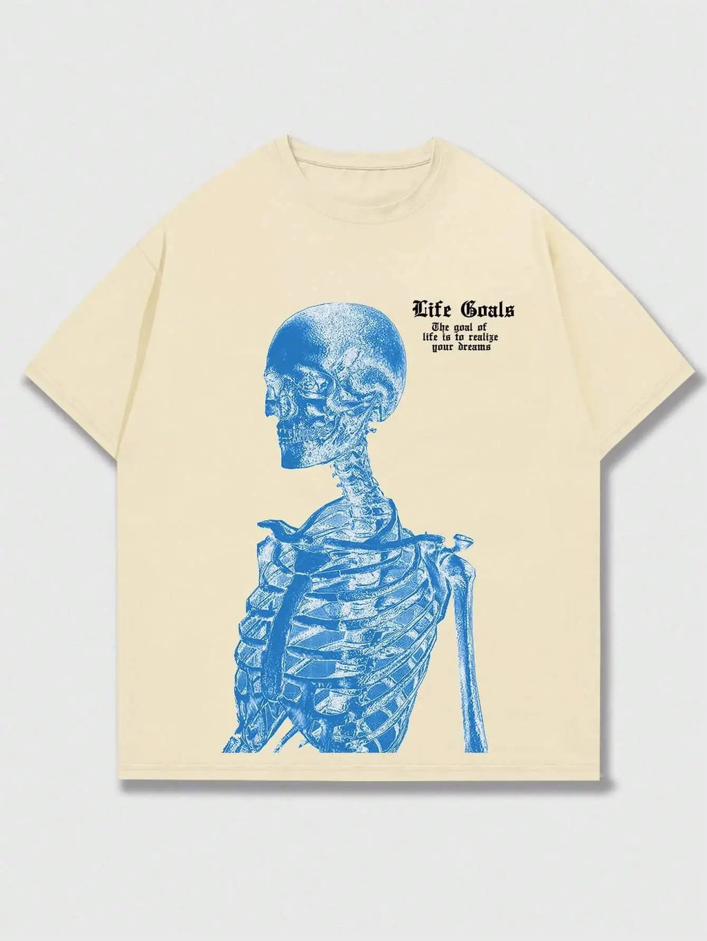 Blue Skeleton Man Life Goals Letter Printing Women T-Shirts Summer O-Neck Cotton Tops Street Fashion Tees Loose Soft Clothes