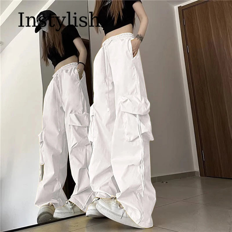 American Women's Overalls Retro Quick Drying Summer High Straight Wide Leg Streamers Loose Casual Floor Length Trousers Trend