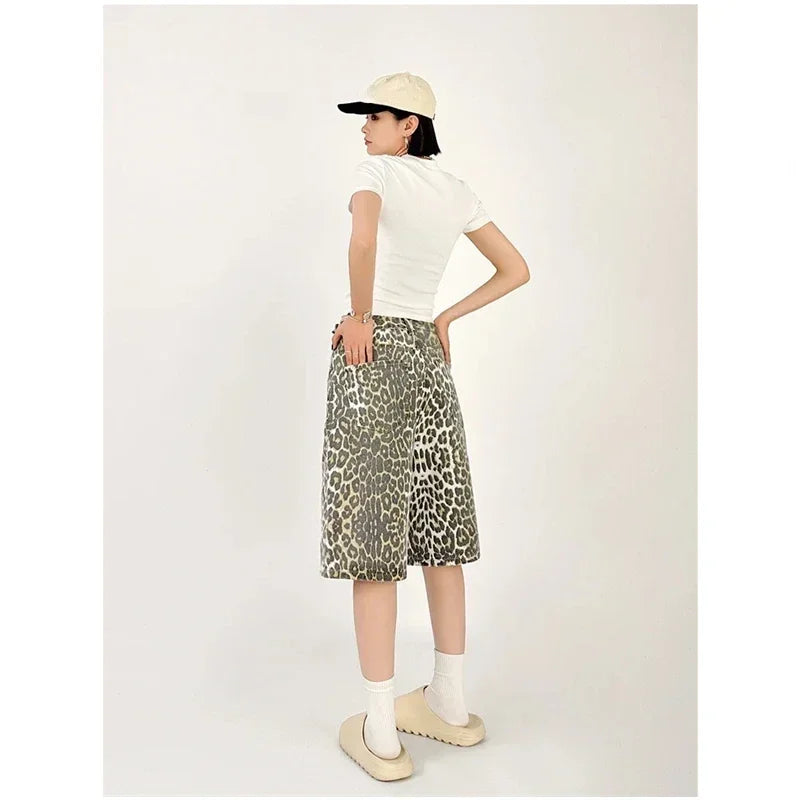 Women's Shorts Denim Leopard Print High Waisted Straight Leg Pants Street Harajuku Y2K Retro Versatile Fashion Wide Leg Jeans