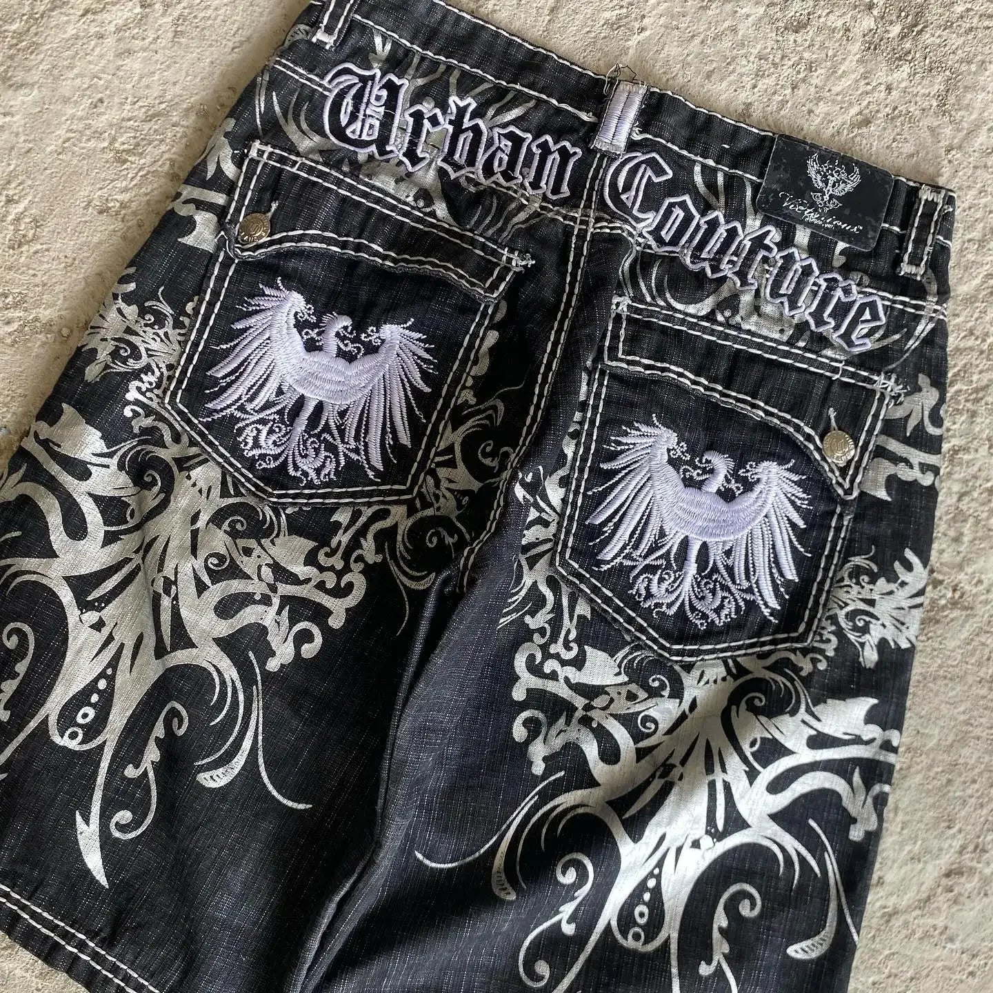 Streetwear Denim Shorts Mens Embroidery American Hip Hop Printed Loose Shorts Gothic Retro Harajuku Fashion Y2K New Shorts