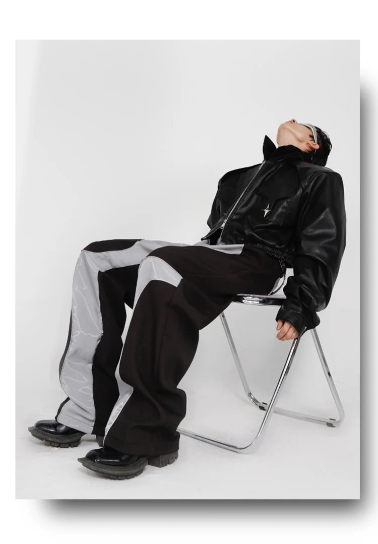 Mauroicardi Spring Autumn Cool Long Loose Casual Soft Patchwork Pu Leather Pants Men Luxury Designer Clothing Trousers 2023