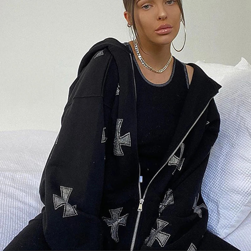 Rhinestone Full Zip Hoodie Goth Sweatshirt Pull Long Sleeve Black Hoodies Y2k Fashion Men's Women's Sport Jackets Coats New 2023