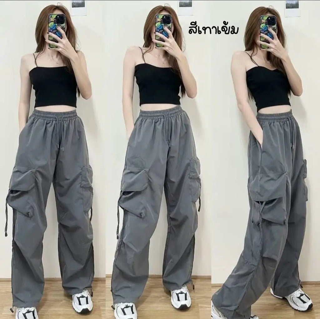 American Women's Overalls Retro Quick Drying Summer High Straight Wide Leg Streamers Loose Casual Floor Length Trousers Trend