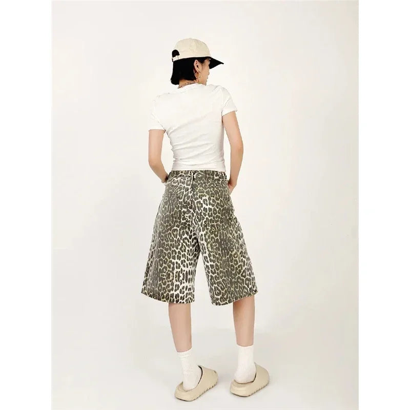 Women's Shorts Denim Leopard Print High Waisted Straight Leg Pants Street Harajuku Y2K Retro Versatile Fashion Wide Leg Jeans