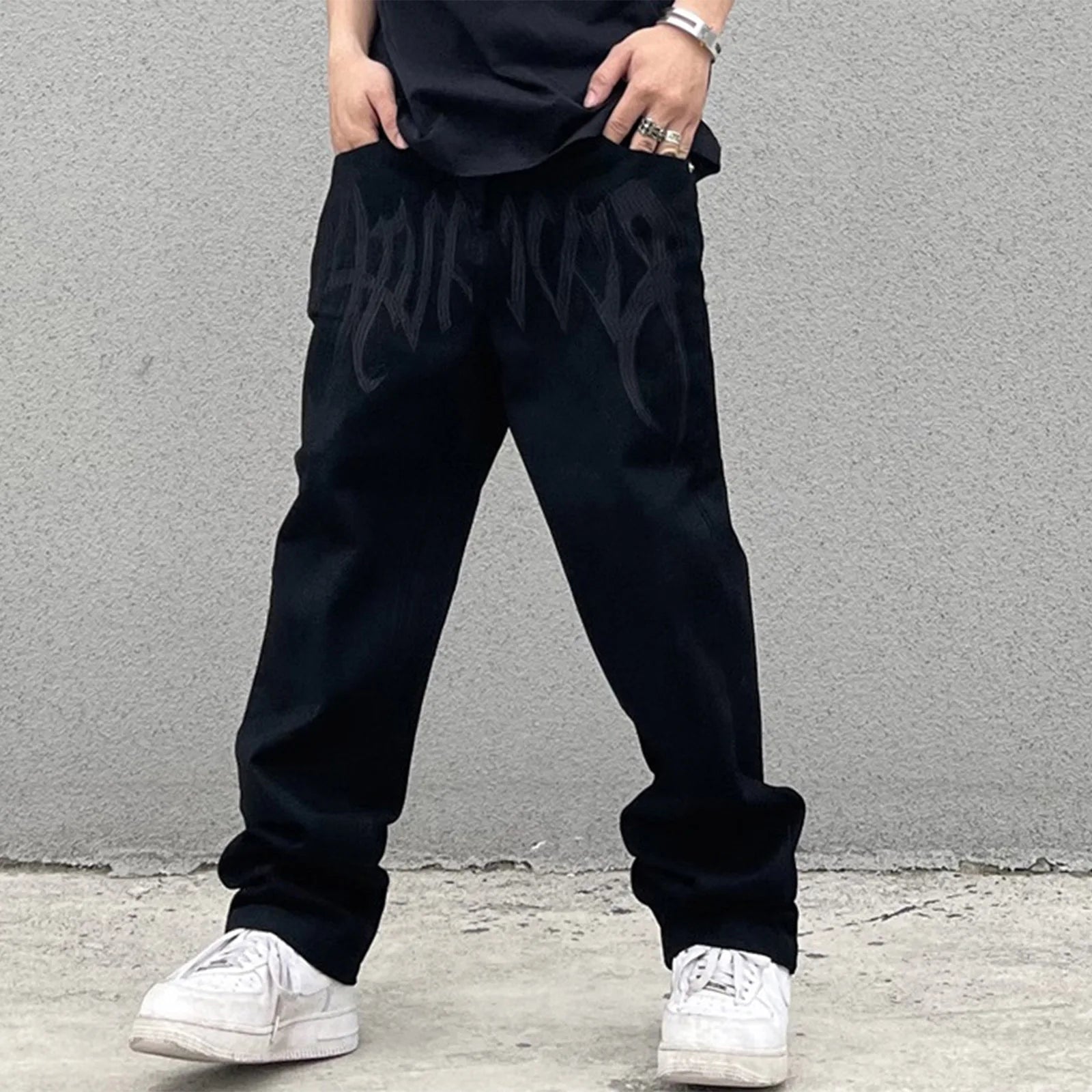 Men Y2K Embroidered High-waisted Straight Baggy Printed Jeans Hip Hop Teenager Boy Streetwear Skateboard Casual denim Trousers