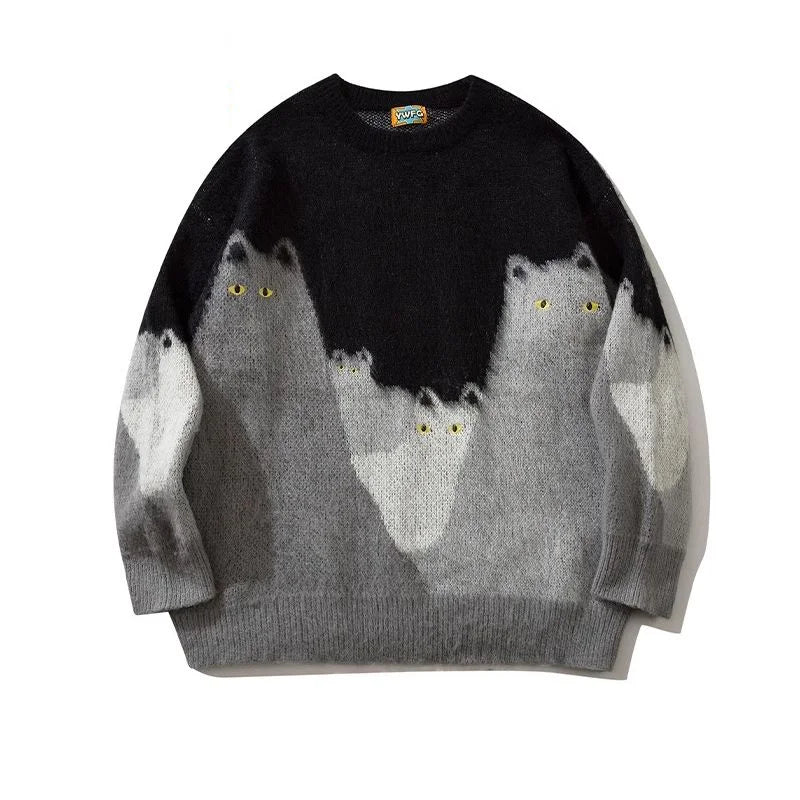 Cartoon Cat Graphic Knitted Sweater Men Oversized Hip Hop Streetwear Autumn Winter Pullover Black Loose Casual Jumper