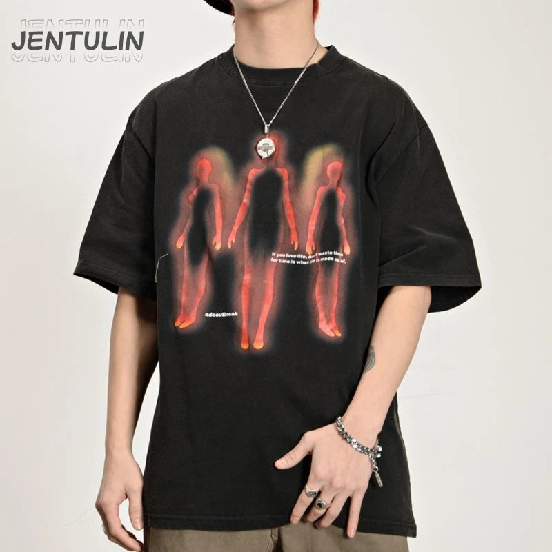 Vintage Oversized Men's Clothing Streetwear Abstract Shadow Graphic Print Distressed Black Tshirt Hip Hop Harajuku Y2k Goth Tops