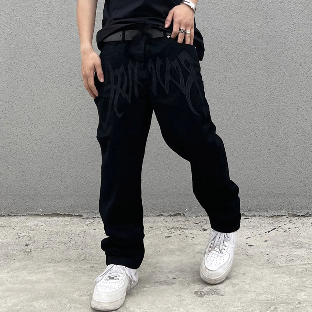 Men Y2K Embroidered High-waisted Straight Baggy Printed Jeans Hip Hop Teenager Boy Streetwear Skateboard Casual denim Trousers